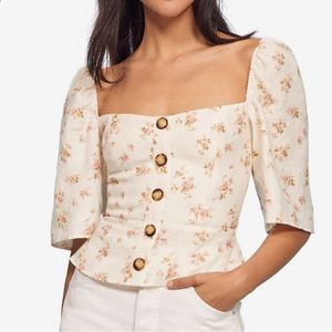 Reformation Augusta Top Mildred Wooden Button Detail Peplum Pink Floral Linen